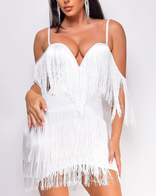 White Fringe Off The Shoulder Bandage Dress