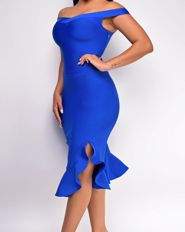 Blue Off Shoulder Bandage Midi Dress