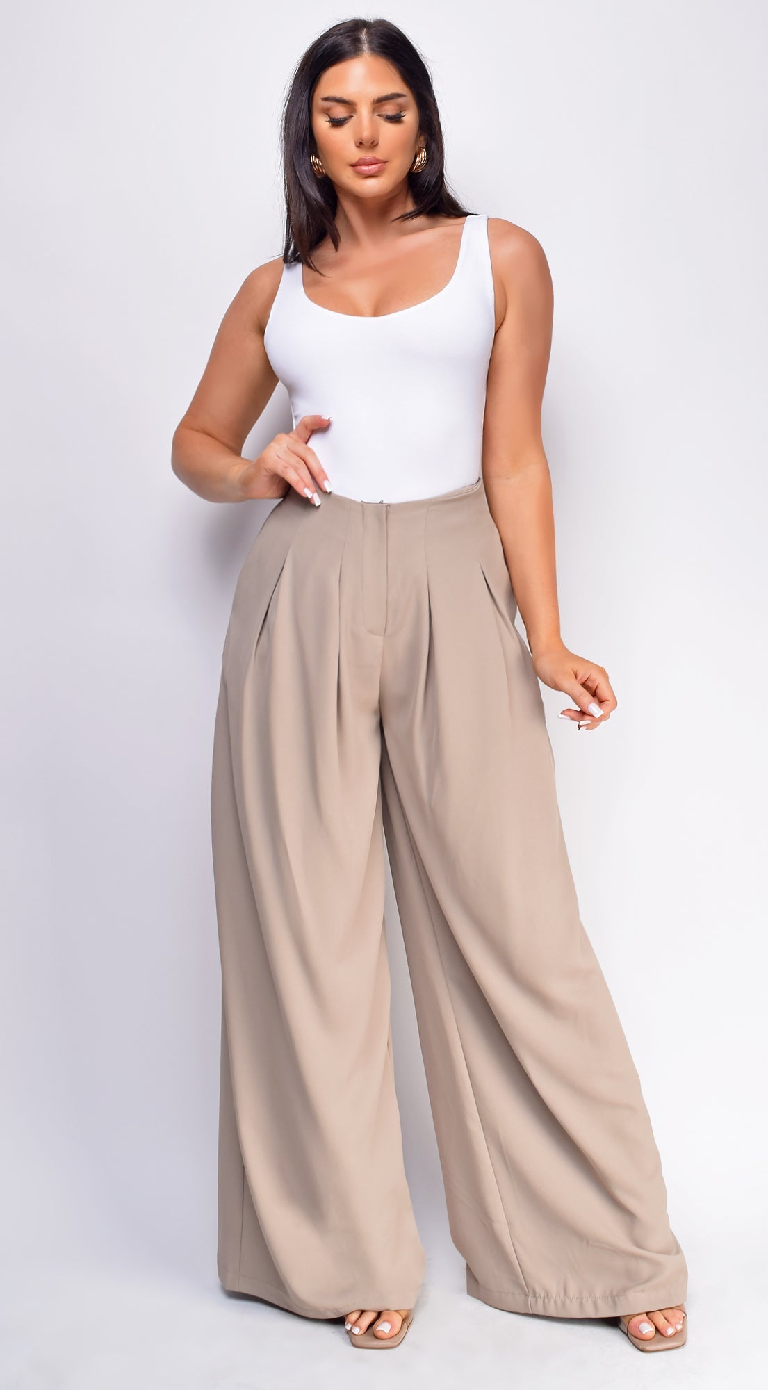 Beige Wide Pleated Wide Leg Pants