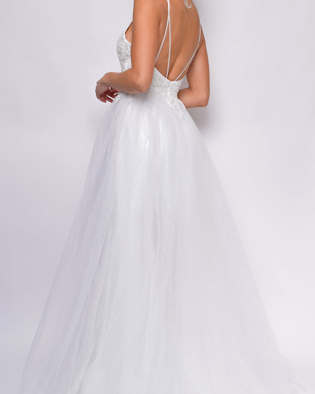 Off-White A-Line Layered Tulle Beaded Applique Bridal Gown