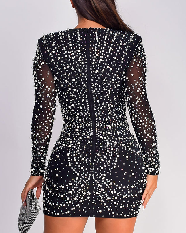Black Rhinestone Pearl Mini Dress
