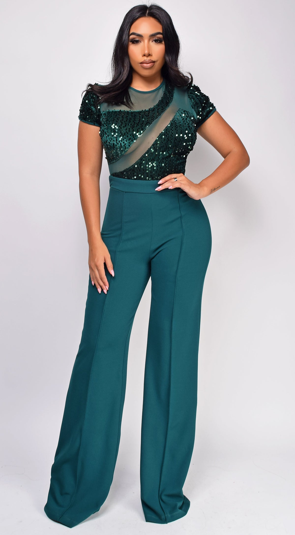 Green Sequin Mesh Short Sleeve Jumpsuit
