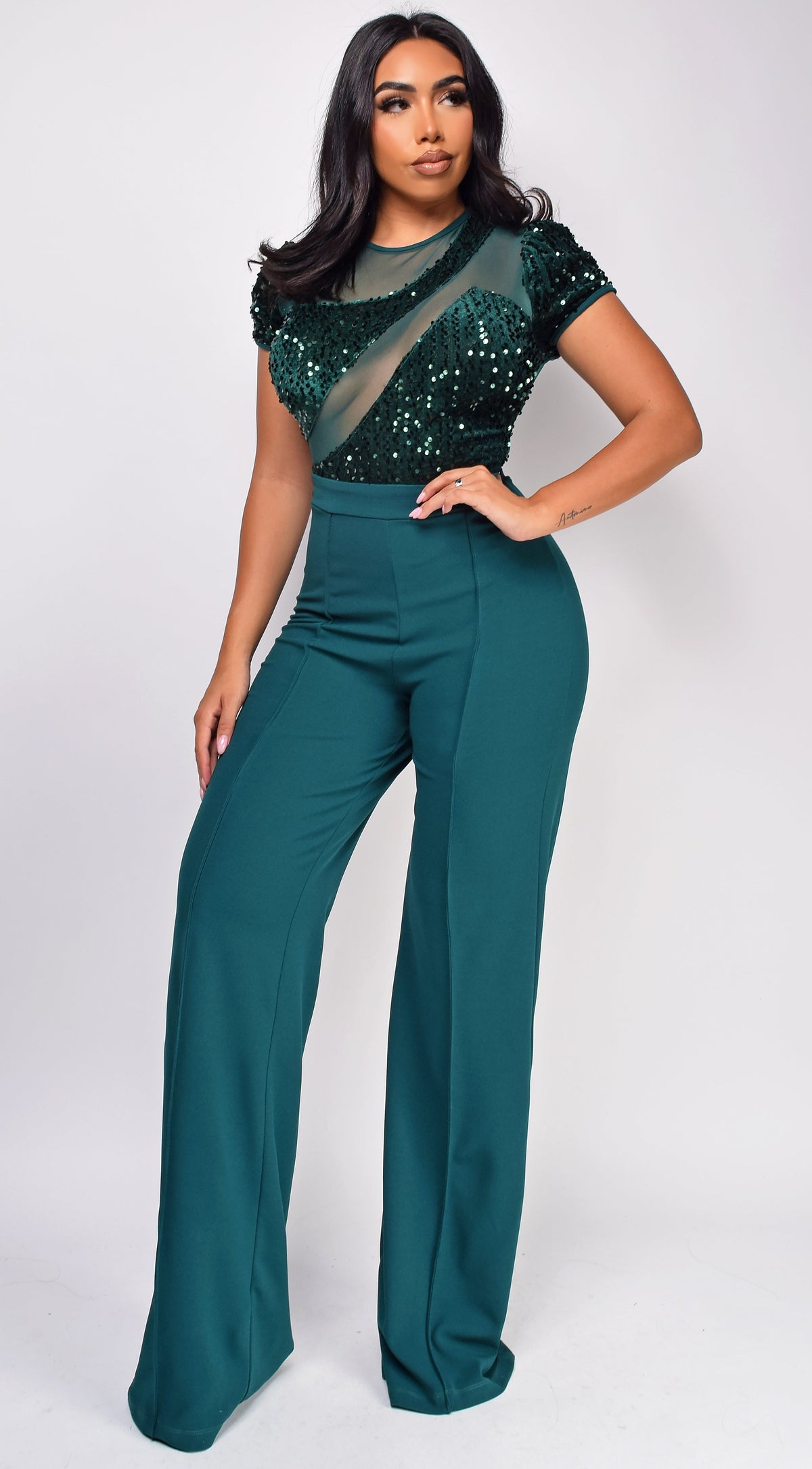 Green Sequin Mesh Short Sleeve Jumpsuit