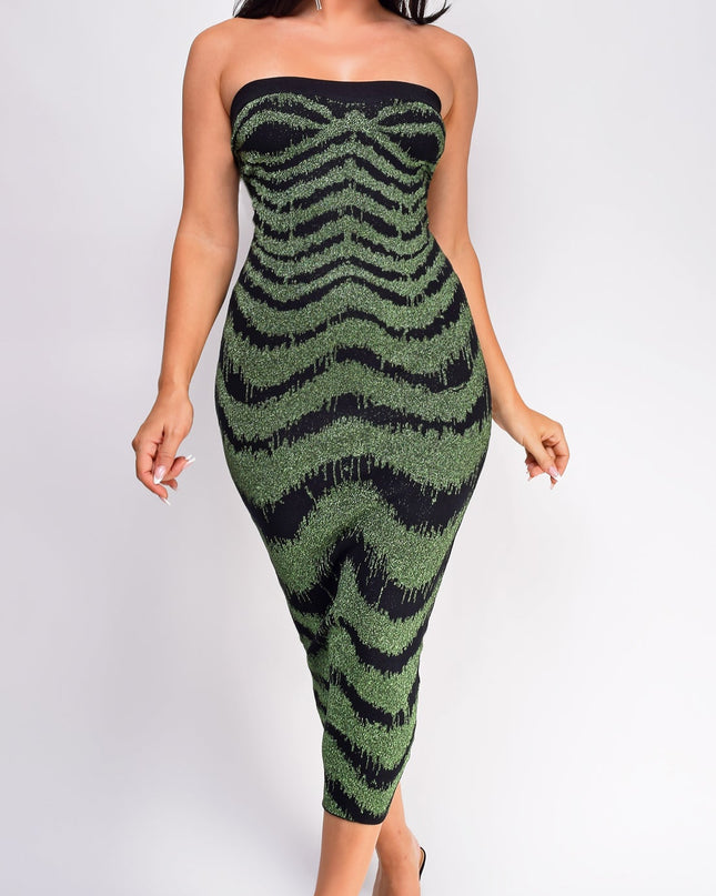 Green Black Metallic Print Midi Dress
