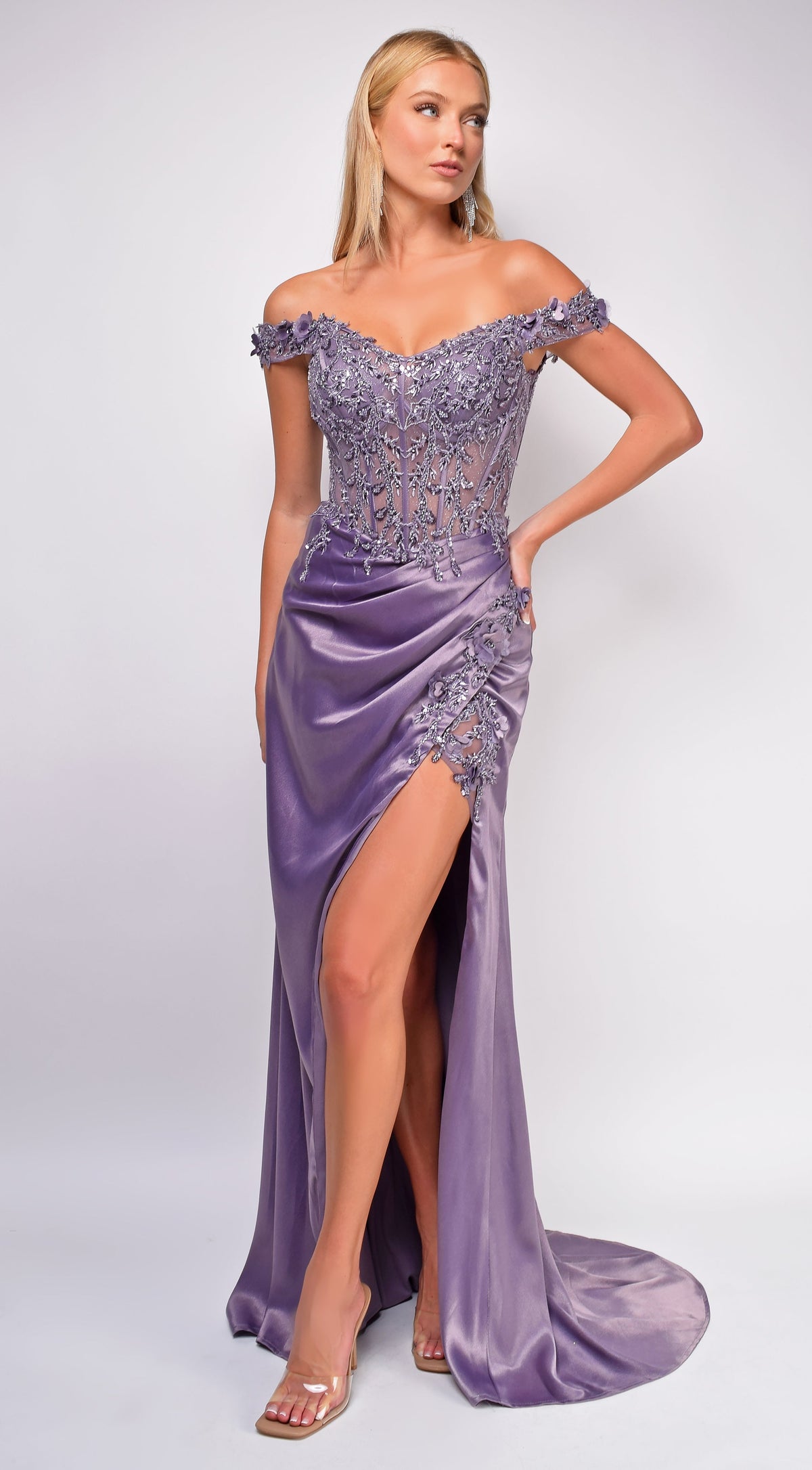 Lavender Purple Off Shoulder Sequin Gown