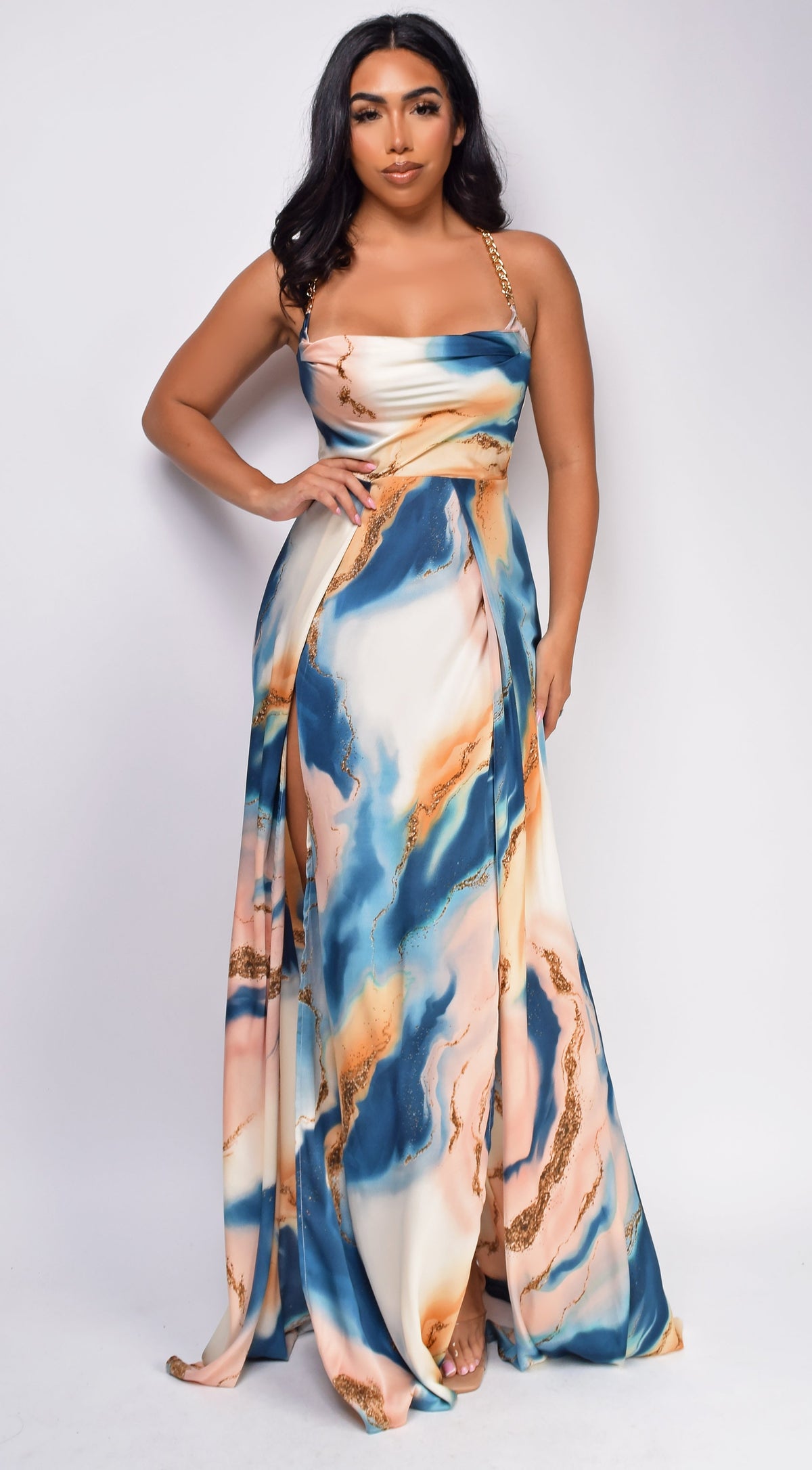Beige Blue Multi Marble Double Slit Maxi Dress