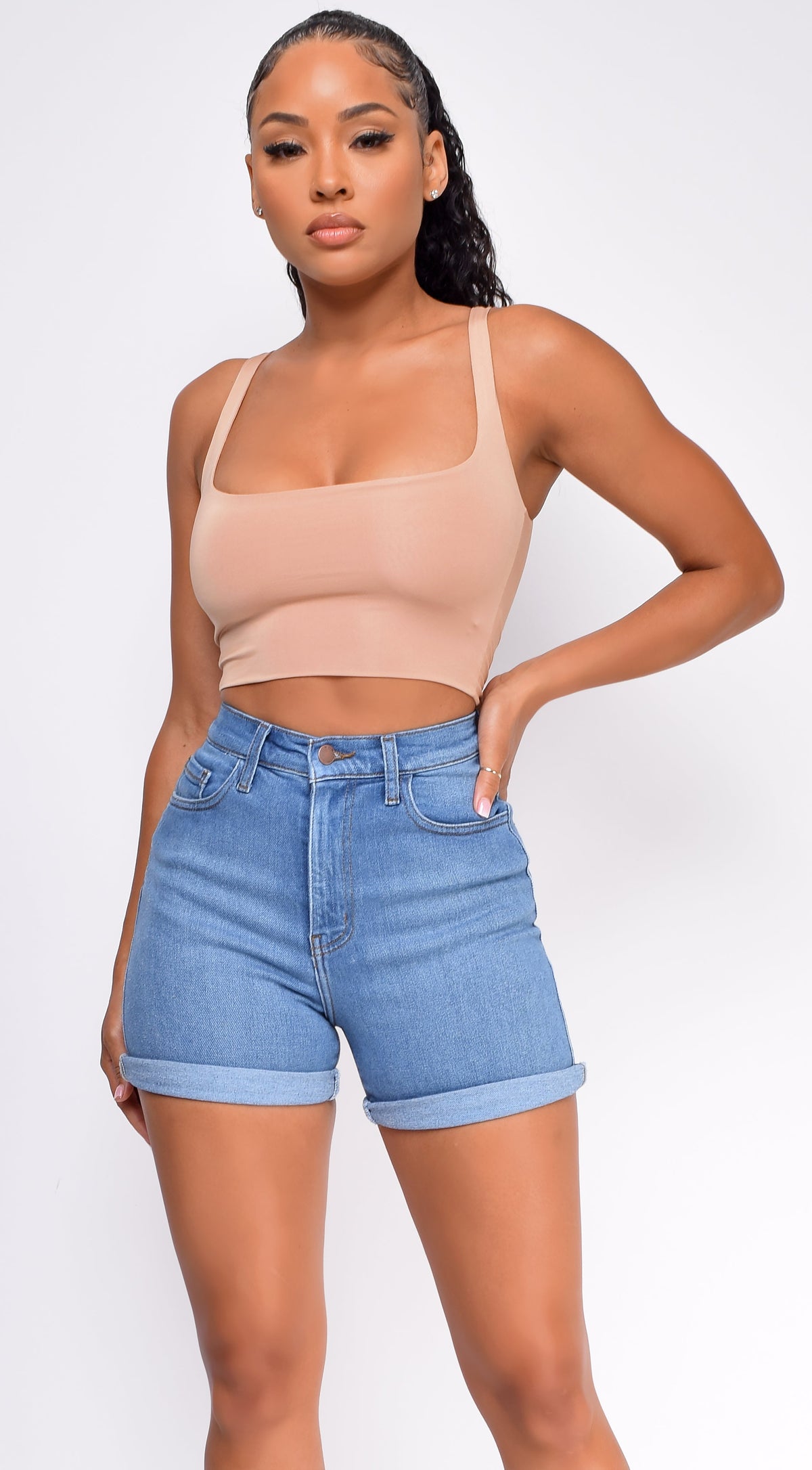 Blue High Rise Cuffed Hem Shorts