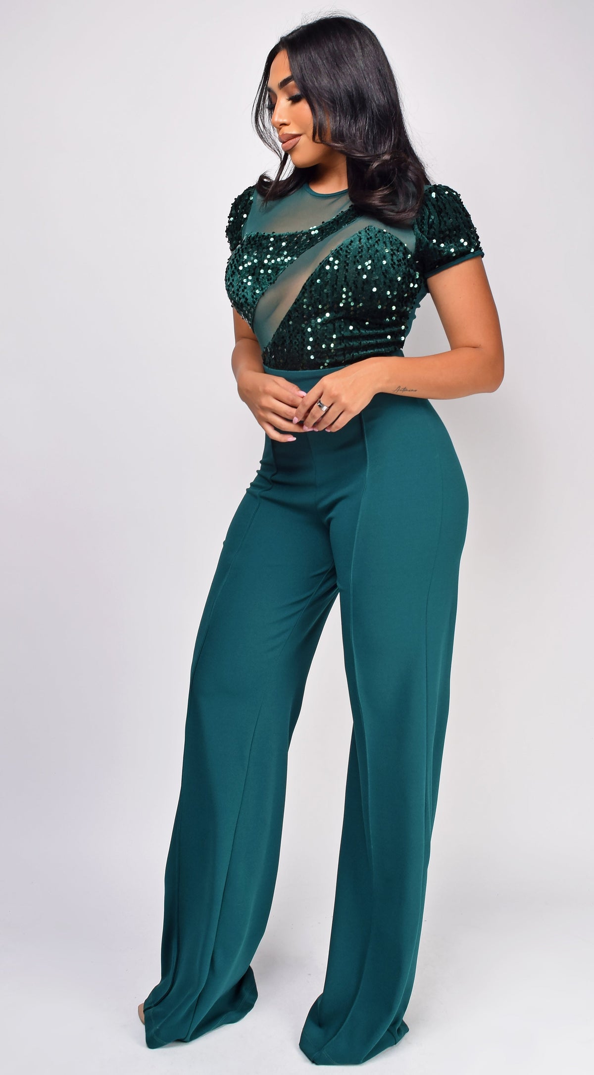 Green Sequin Mesh Short Sleeve Jumpsuit