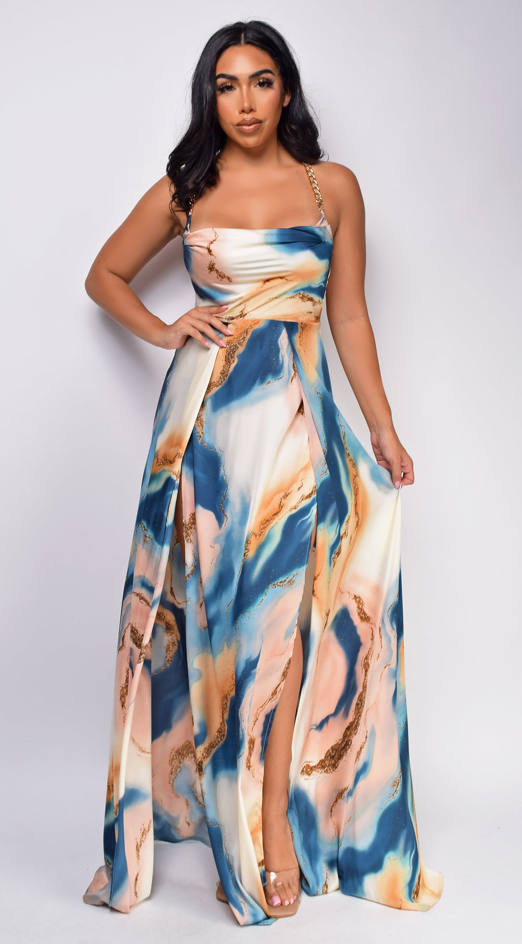 Beige Blue Multi Marble Double Slit Maxi Dress