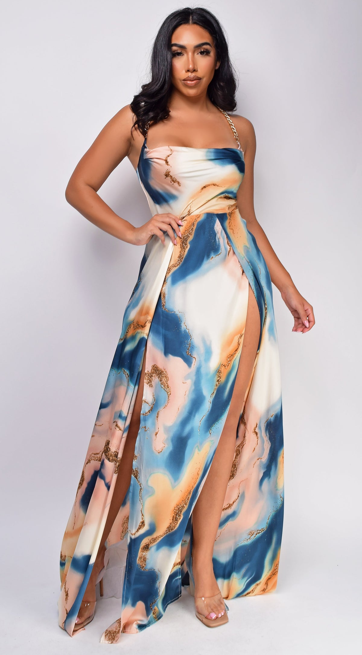 Beige Blue Multi Marble Double Slit Maxi Dress