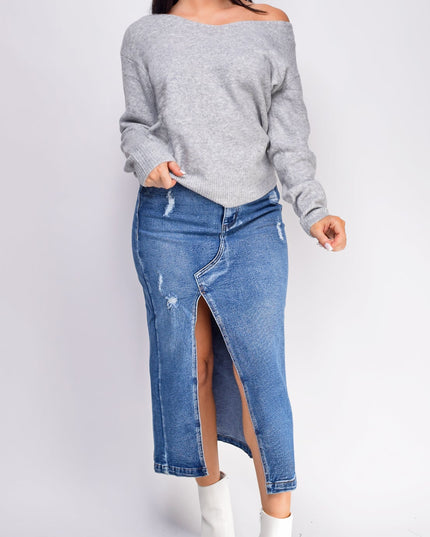 Blue Medium Wash Midi Denim Skirt