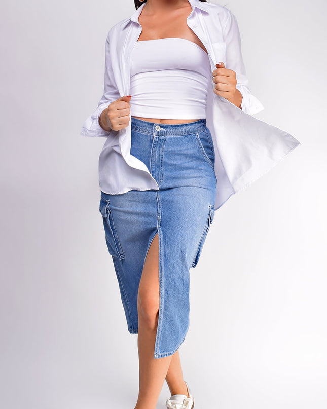 Blue Denim Cargo Midi Skirt