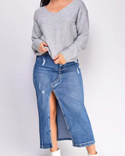 Blue Medium Wash Midi Denim Skirt