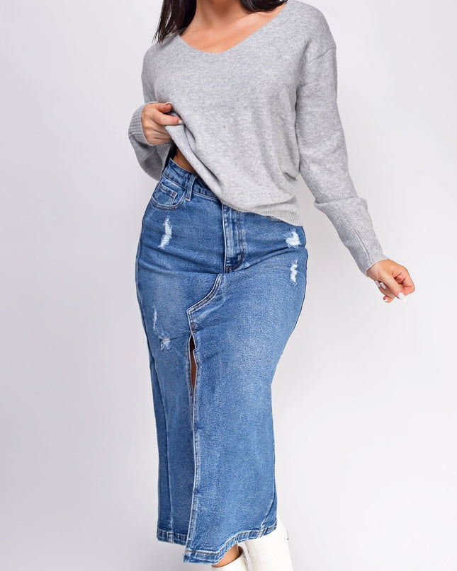 Blue Medium Wash Midi Denim Skirt