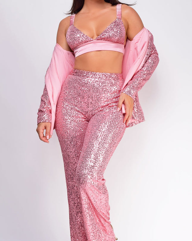 Pink Sequin Three Piece Pants Set