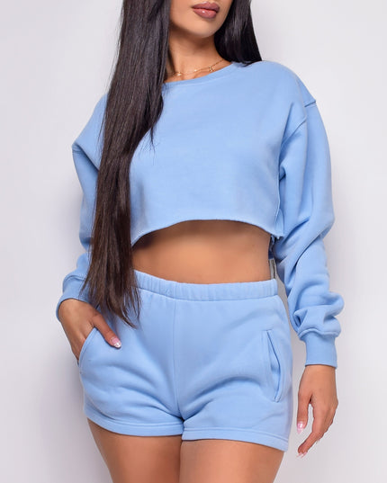 Blue High Waist Shorts & Crop Sweater Lounge Set