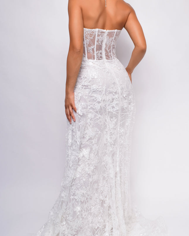 Strapless Floral Applique Tulle Overskirt Bridal Gown