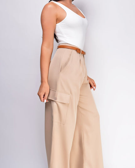 Beige Wide Leg Cargo Pocket Pants