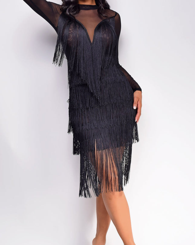 Black Mesh Fringe Mini Dress