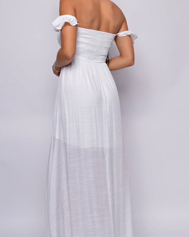 White Off Shoulder Boho Smocked Maxi Dress