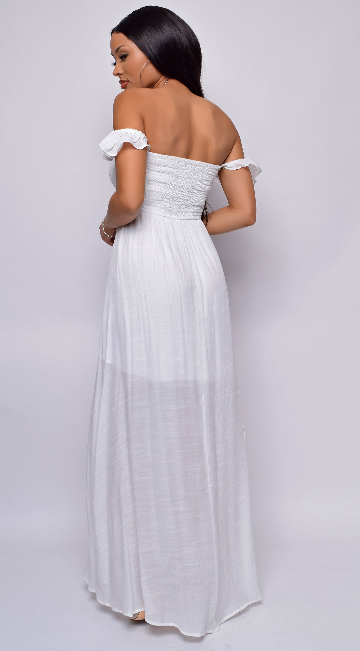 White Off Shoulder Boho Smocked Maxi Dress