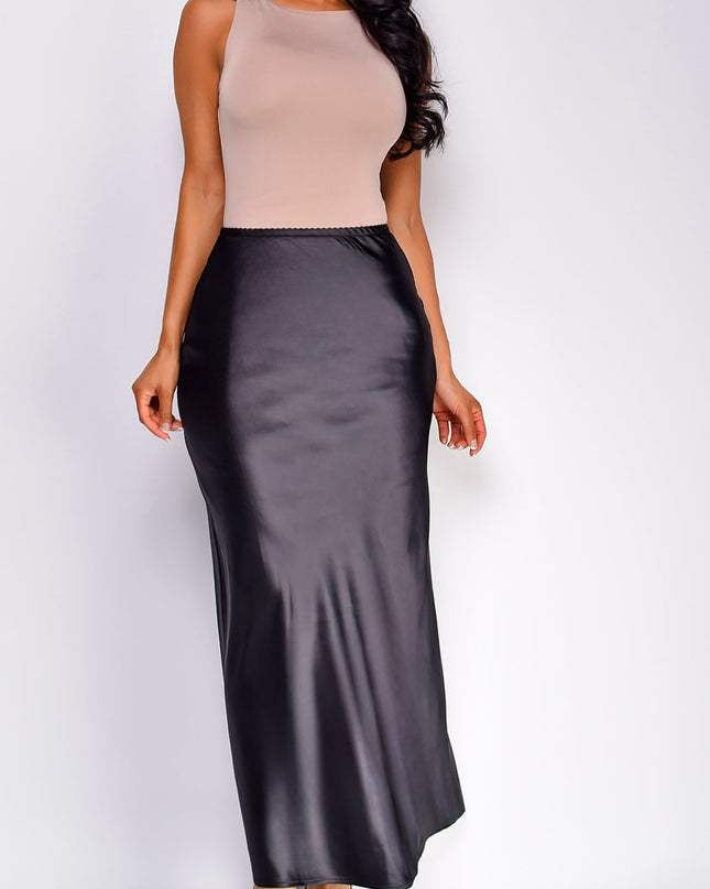 Black Satin Slip Midi Skirt