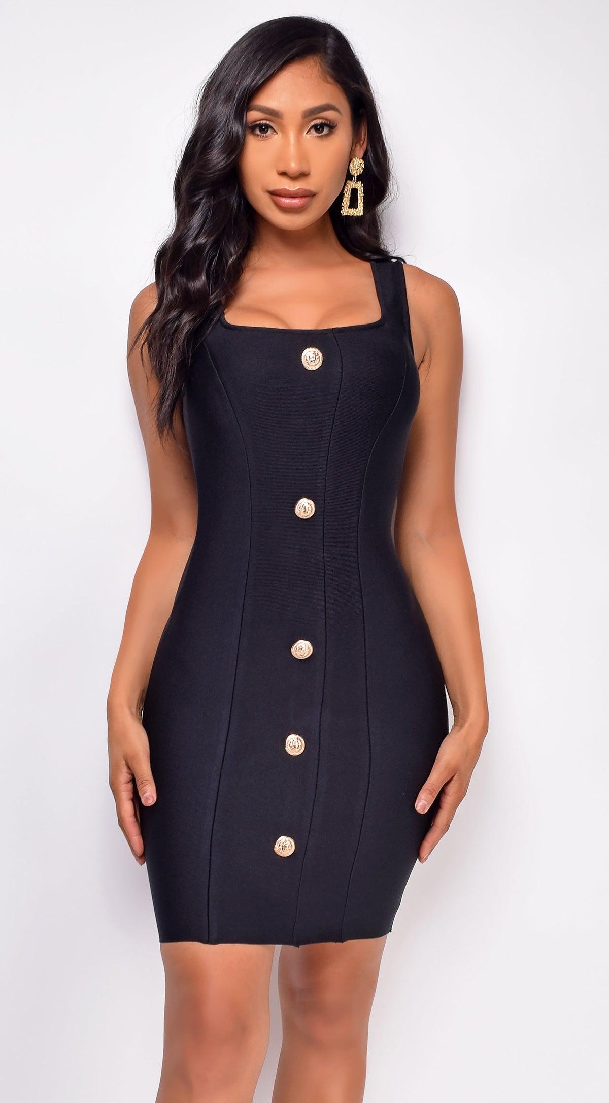 Black Gold Button Bandage Dress