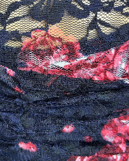 Navy Blue Floral Lace Ruched Maxi Dress