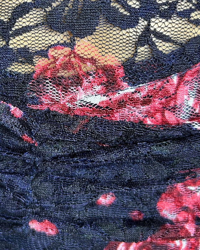 Navy Blue Floral Lace Ruched Maxi Dress