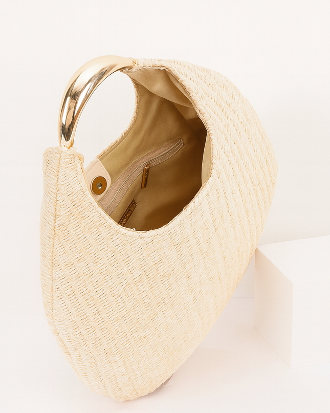 Beige Faux Straw Metal Handle Hobo bag