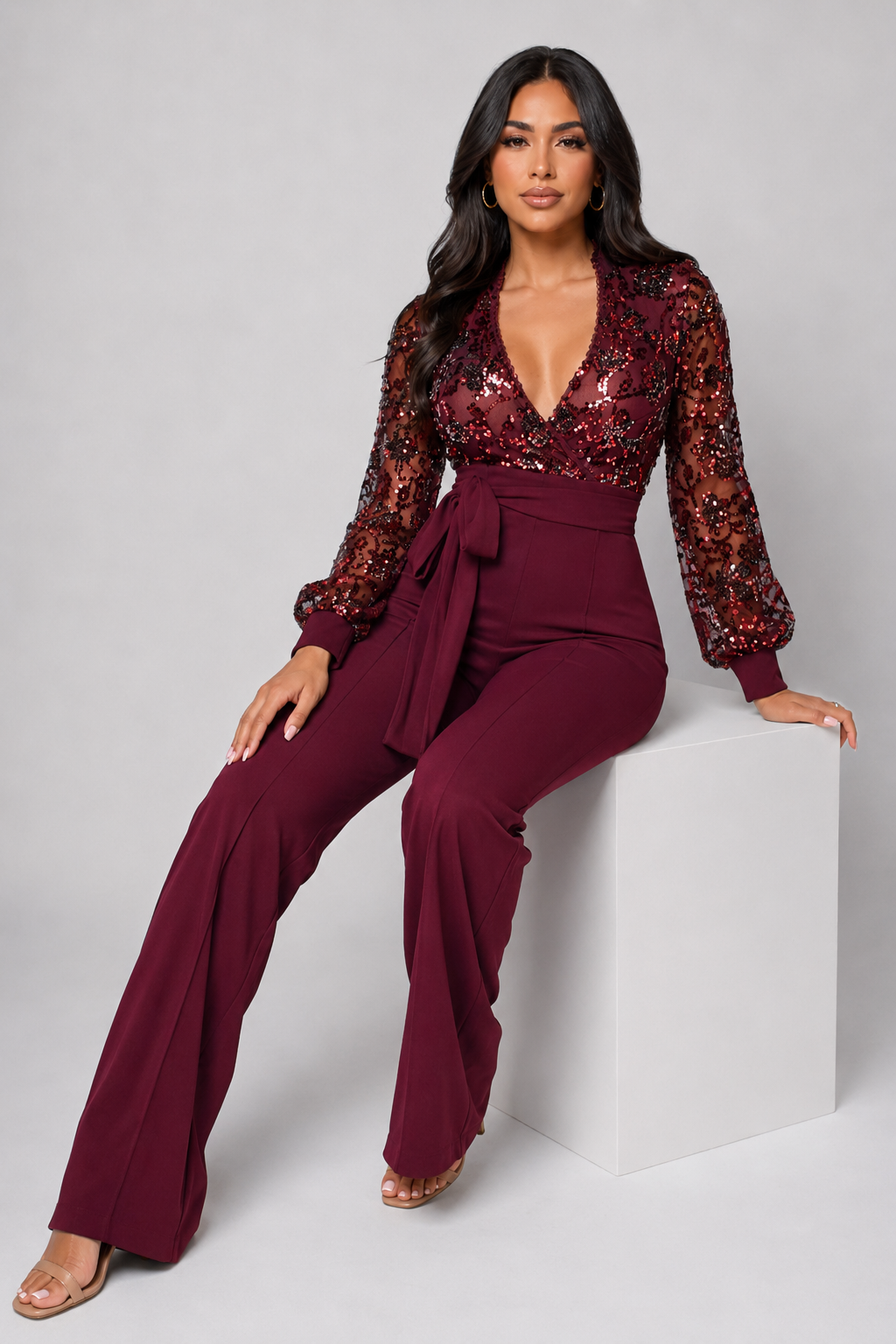 Wine Red Sequin Jumpsuit