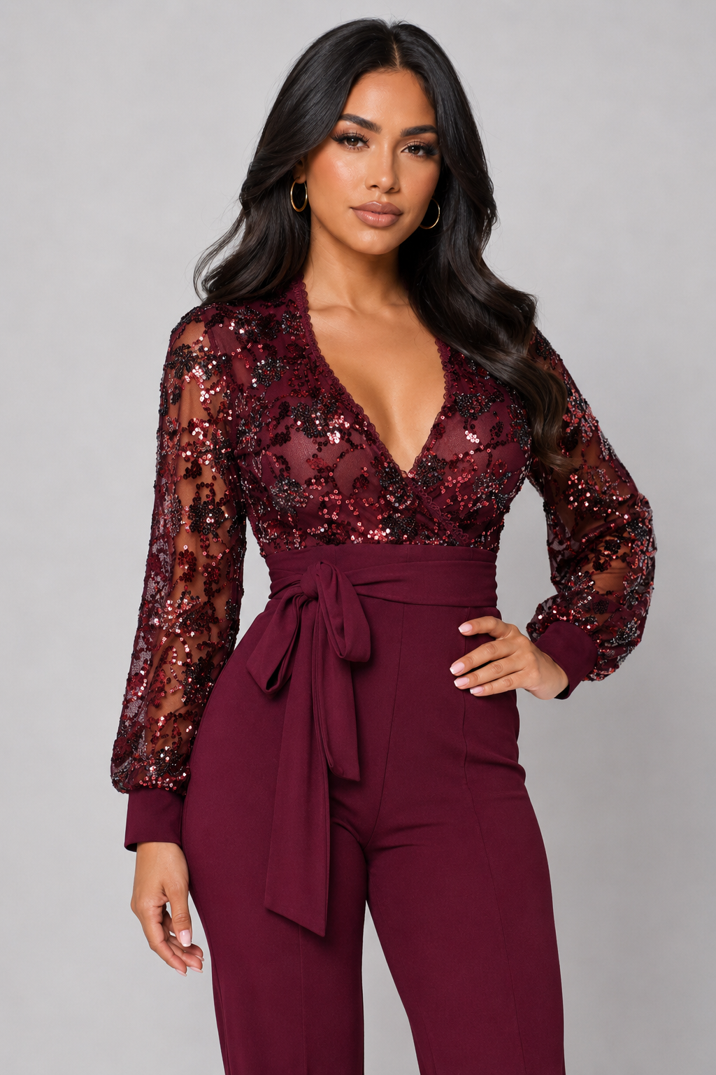 Wine Red Sequin Jumpsuit