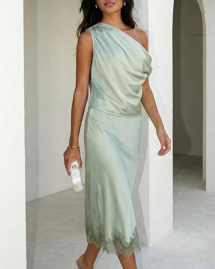 Sage Green Satin Lace Off Shoulder Set