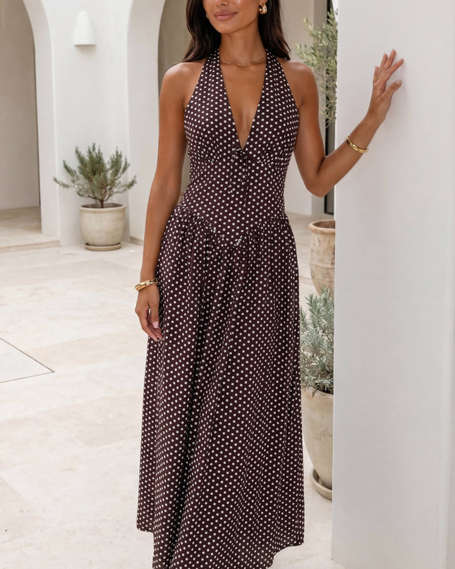 Brown Polka Dot Halter Maxi Dress