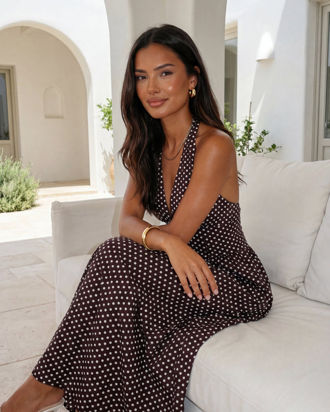 Brown Polka Dot Halter Maxi Dress