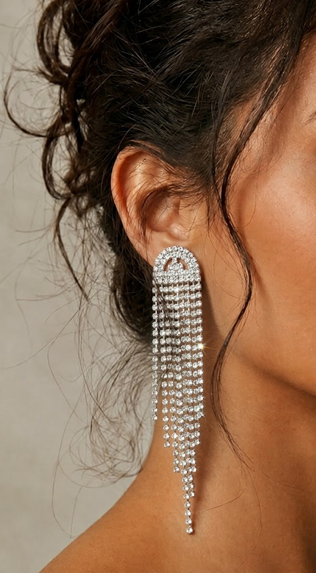 Silver Rhinestone Fringe Drop Earrings