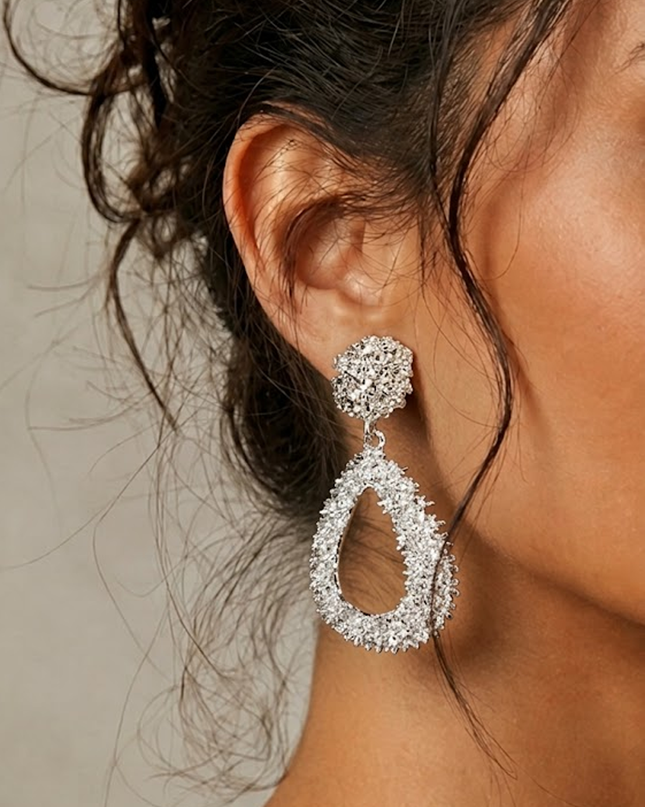Silver Textured Open Teardrop Dangle Earrings