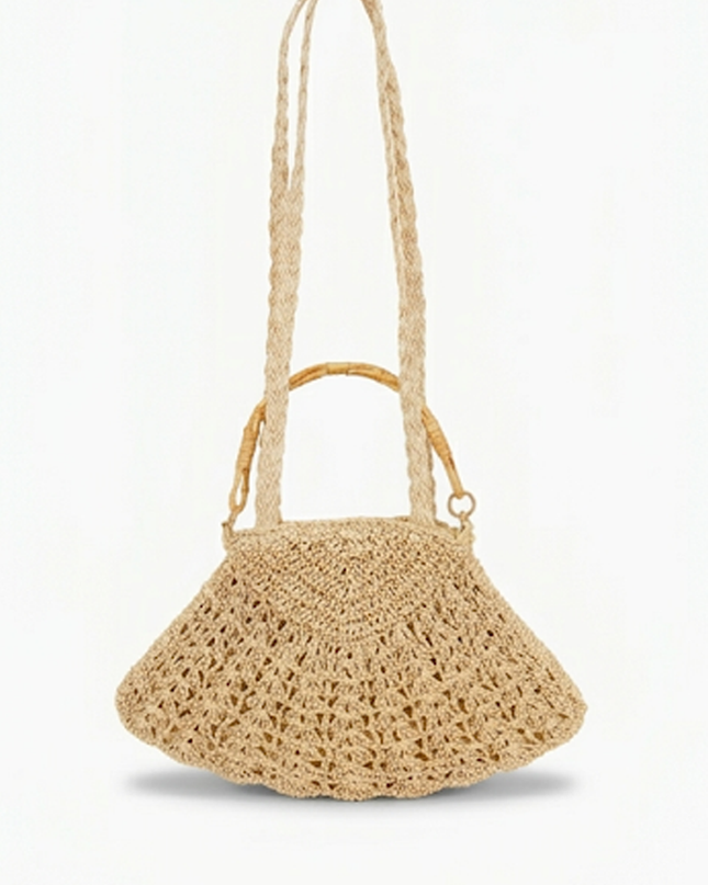 Ivory Faux Straw Bamboo Handle Bag