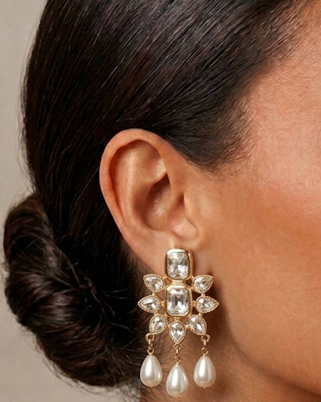 Gold Pearl Rhinestone Drop Earrings