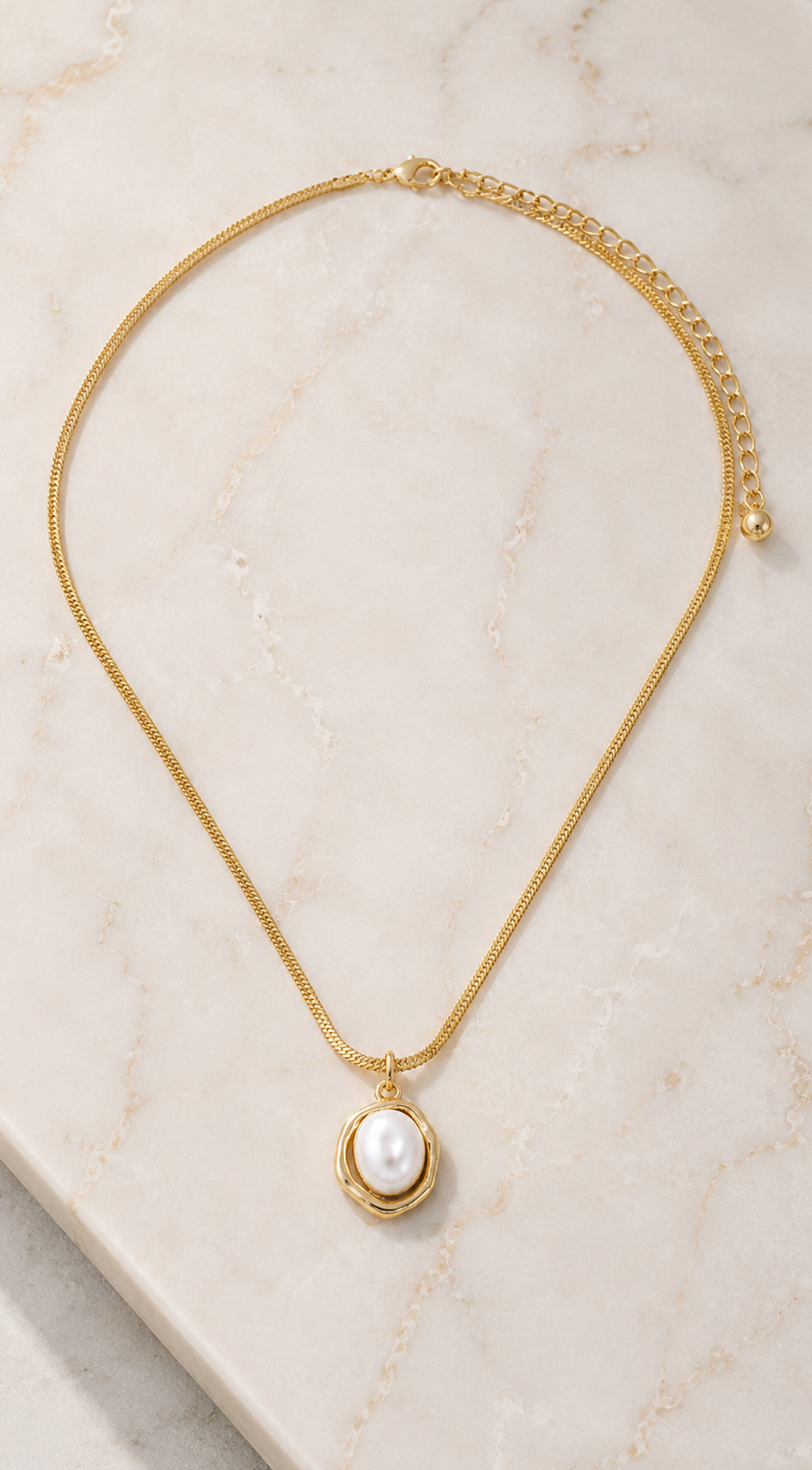 Gold Pearl Herringbone Chain Necklace