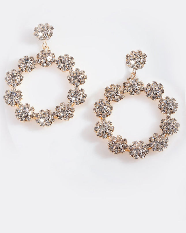 Gold Rhinestone Flower Circle Dangle Earrings