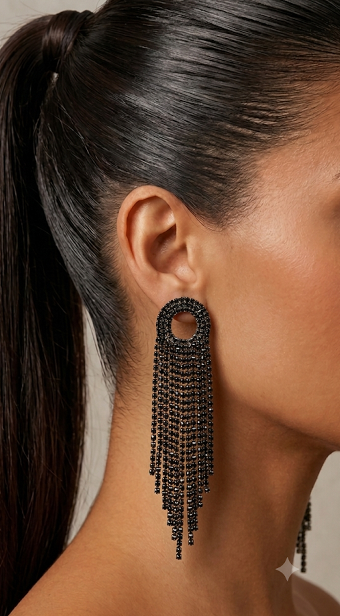 Black Rhinestone Fringe Earrings
