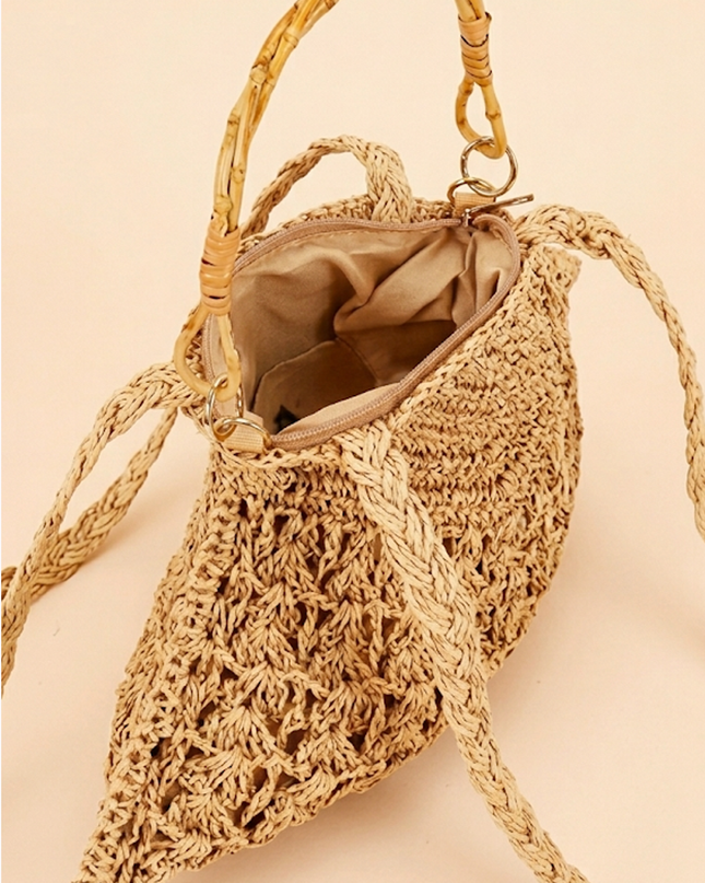 Ivory Faux Straw Bamboo Handle Bag