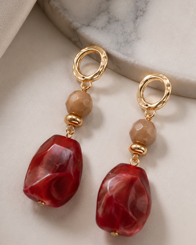 Red Stone Beaded Drop Earrings