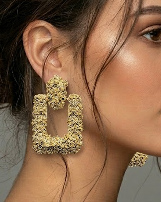 Textured Square Gold Drop Earrings