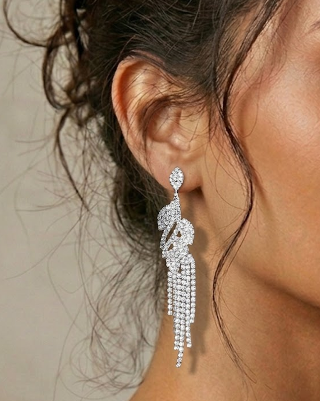Silver Crystal Leaf Drop Rhinestone Earrings