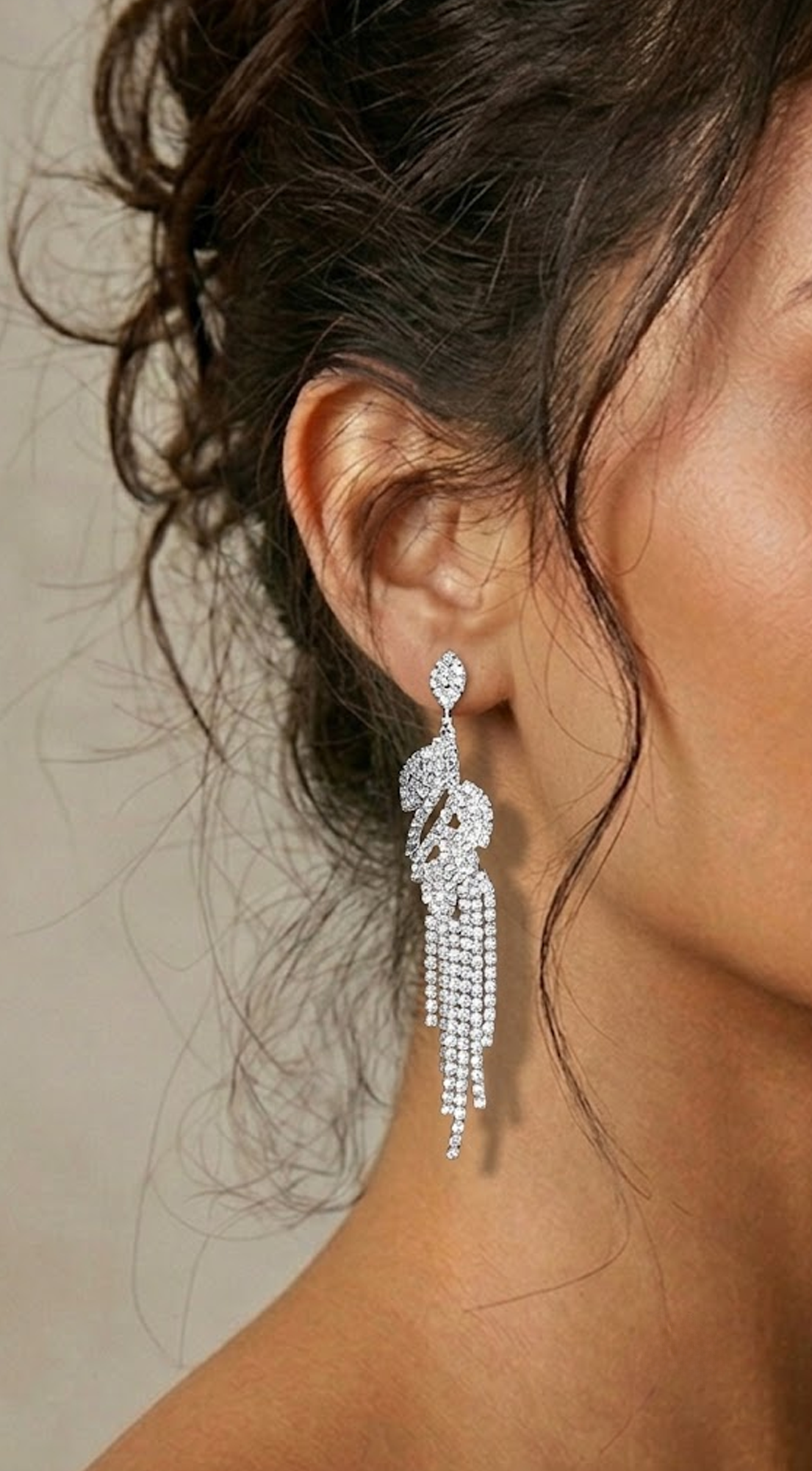 Silver Crystal Leaf Drop Rhinestone Earrings