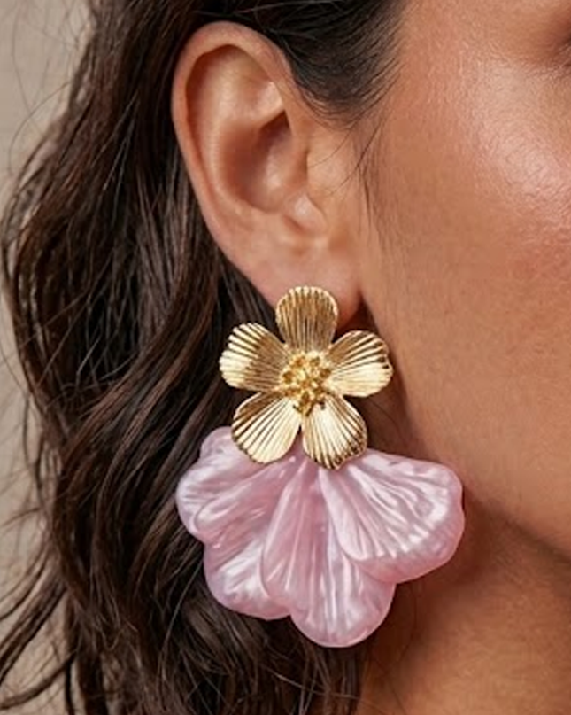 Pink Blossom Marble Resin Flower Dangle Earrings