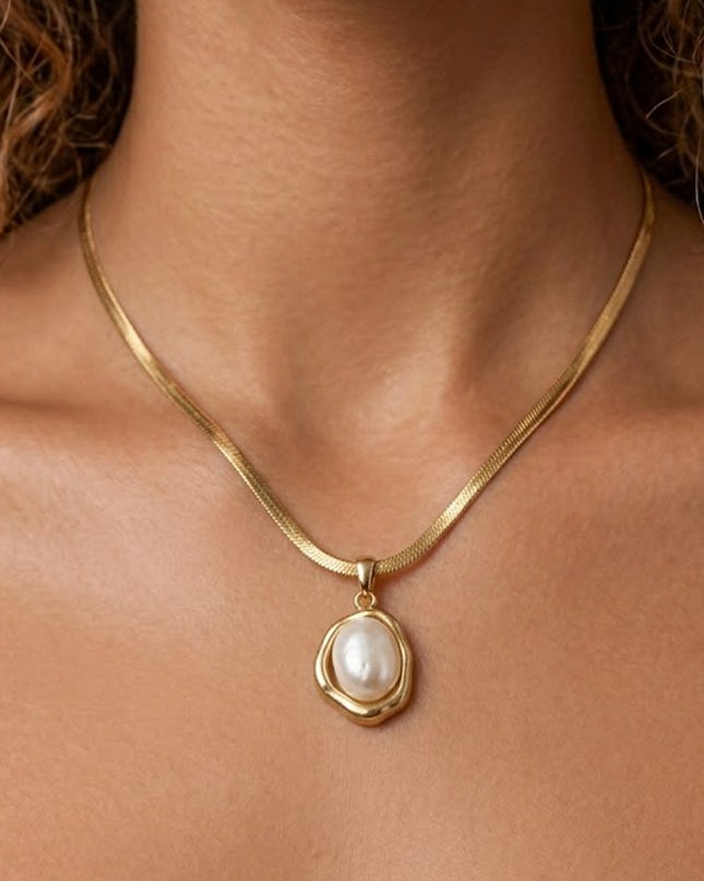 Gold Pearl Herringbone Chain Necklace