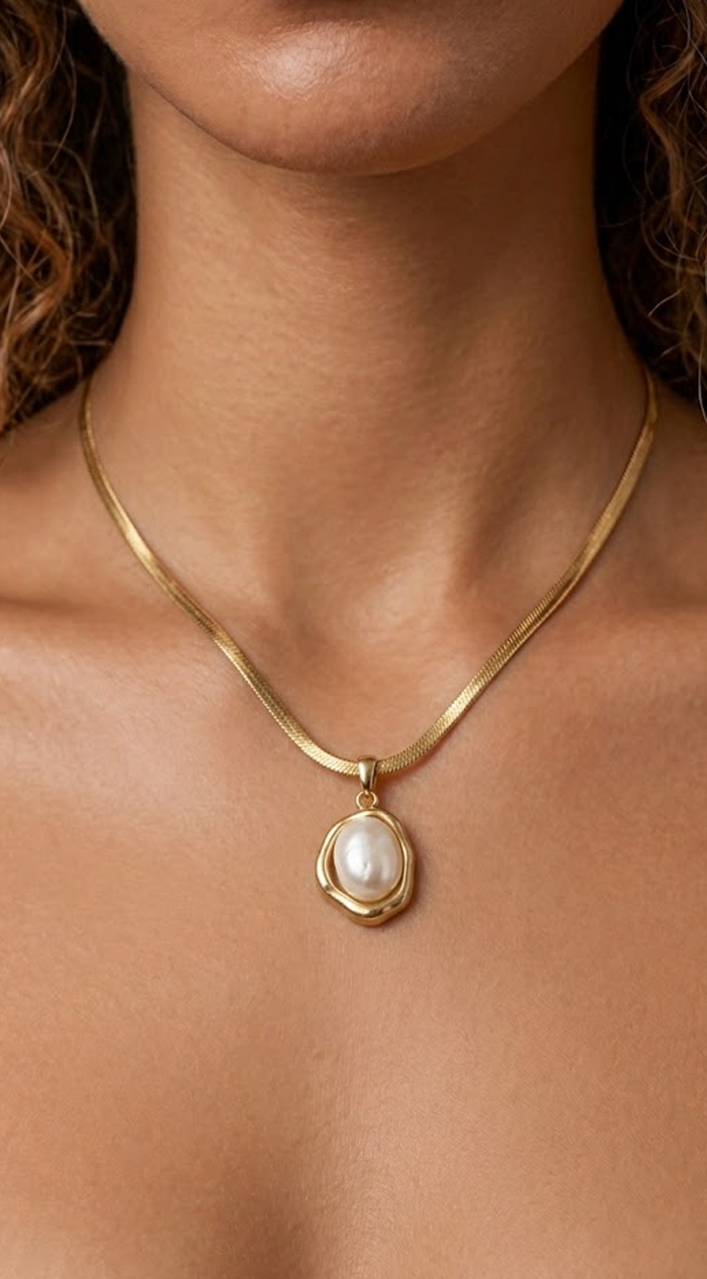 Gold Pearl Herringbone Chain Necklace